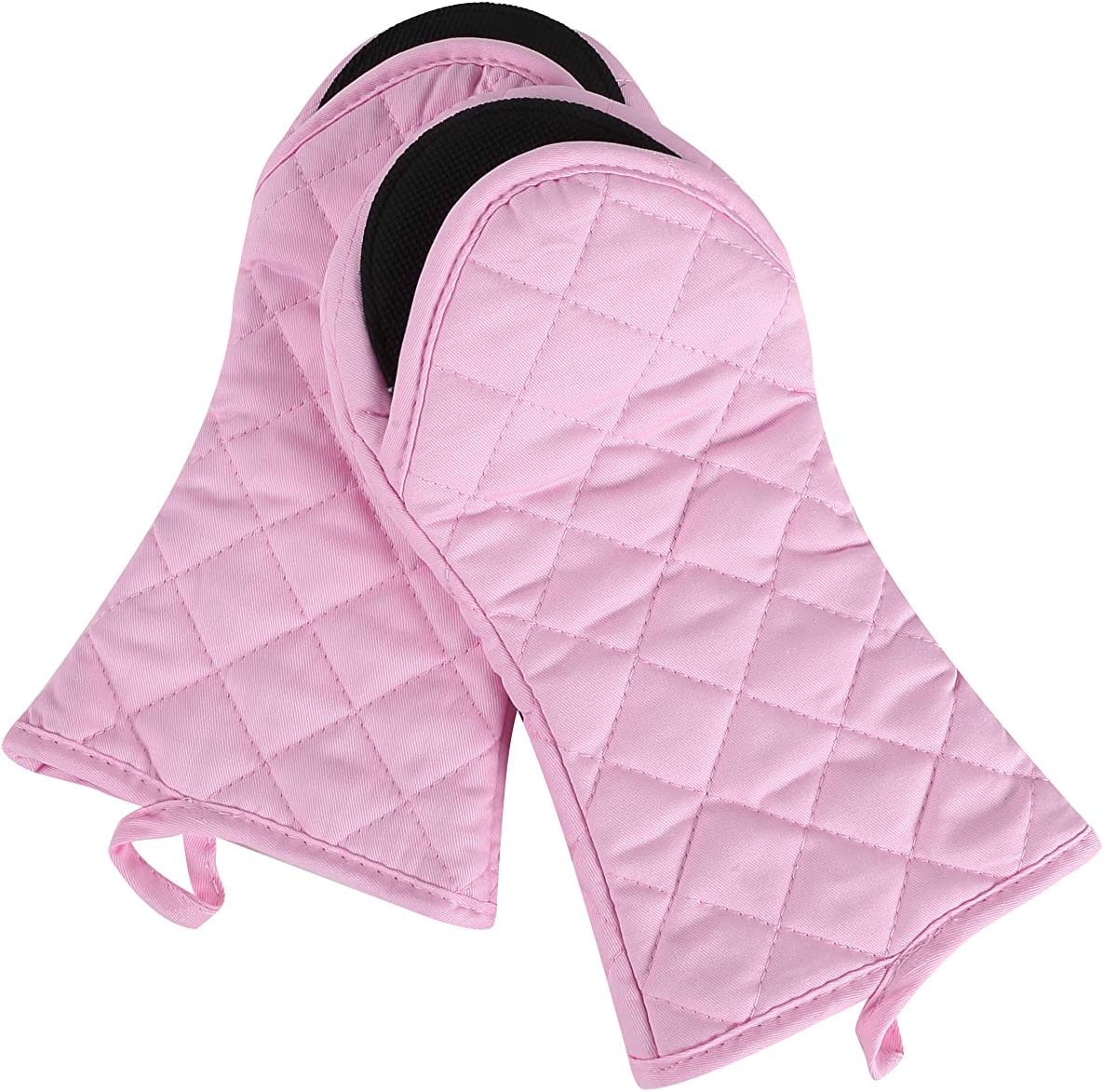 Oven Mitts and Potholders,4PCS Heat Resistant Kitchen Gloves,Non-Slip Rubber Surface 2 Oven Mitts,2 Pot Holders for Cooking,Baking,Grilling,Barbecue,Pink