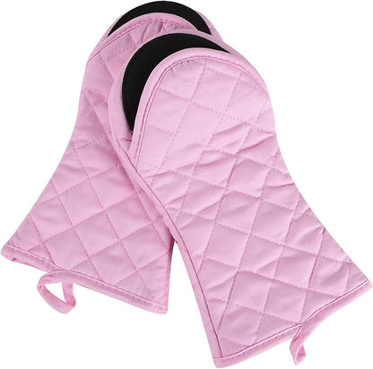 Oven Mitts and Potholders,4PCS Heat Resistant Kitchen Gloves,Non-Slip Rubber Surface 2 Oven Mitts,2 Pot Holders for Cooking,Baking,Grilling,Barbecue,Pink