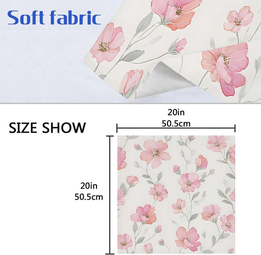 Pink Floral Cream Cloth Napkins 6pcs/Set 20 x 20 Inch Washable Polyester Dinner Napkins - Great for Weddings Parties Holiday Dinner & More