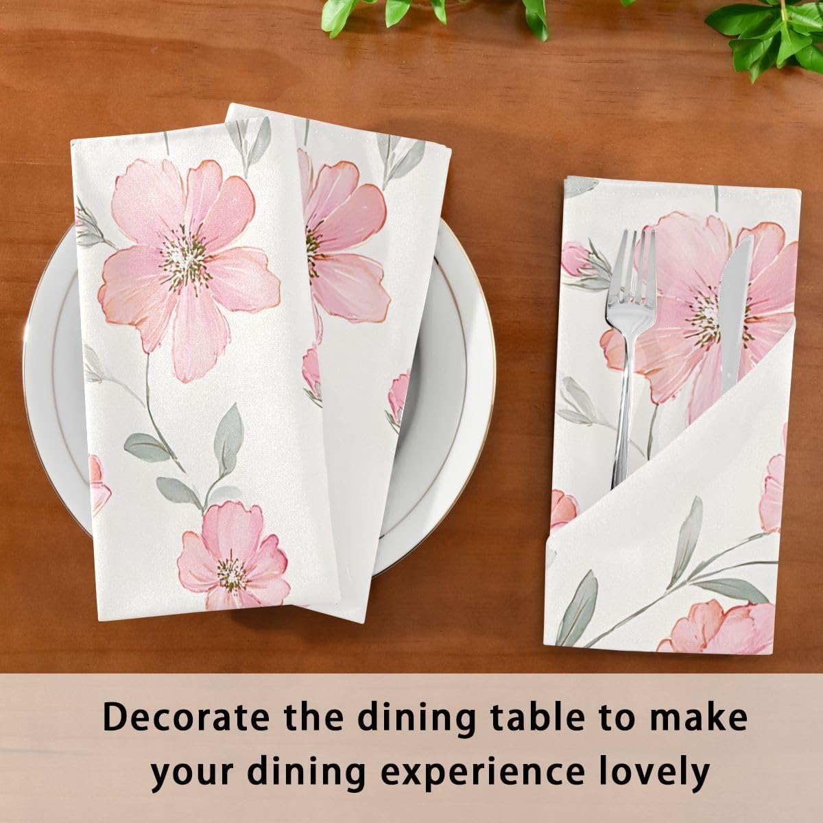 Pink Floral Cream Cloth Napkins 6pcs/Set 20 x 20 Inch Washable Polyester Dinner Napkins - Great for Weddings Parties Holiday Dinner & More