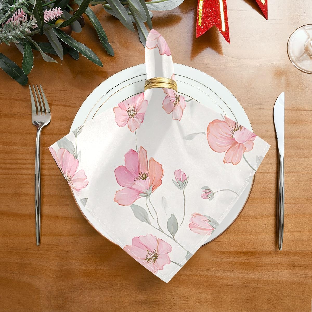 Pink Floral Cream Cloth Napkins 6pcs/Set 20 x 20 Inch Washable Polyester Dinner Napkins - Great for Weddings Parties Holiday Dinner & More