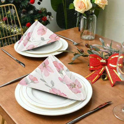 Pink Floral Cream Cloth Napkins 6pcs/Set 20 x 20 Inch Washable Polyester Dinner Napkins - Great for Weddings Parties Holiday Dinner & More