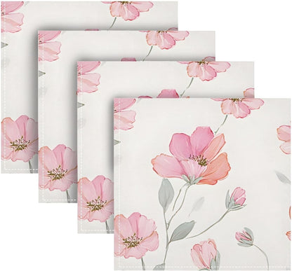 Pink Floral Cream Cloth Napkins 6pcs/Set 20 x 20 Inch Washable Polyester Dinner Napkins - Great for Weddings Parties Holiday Dinner & More