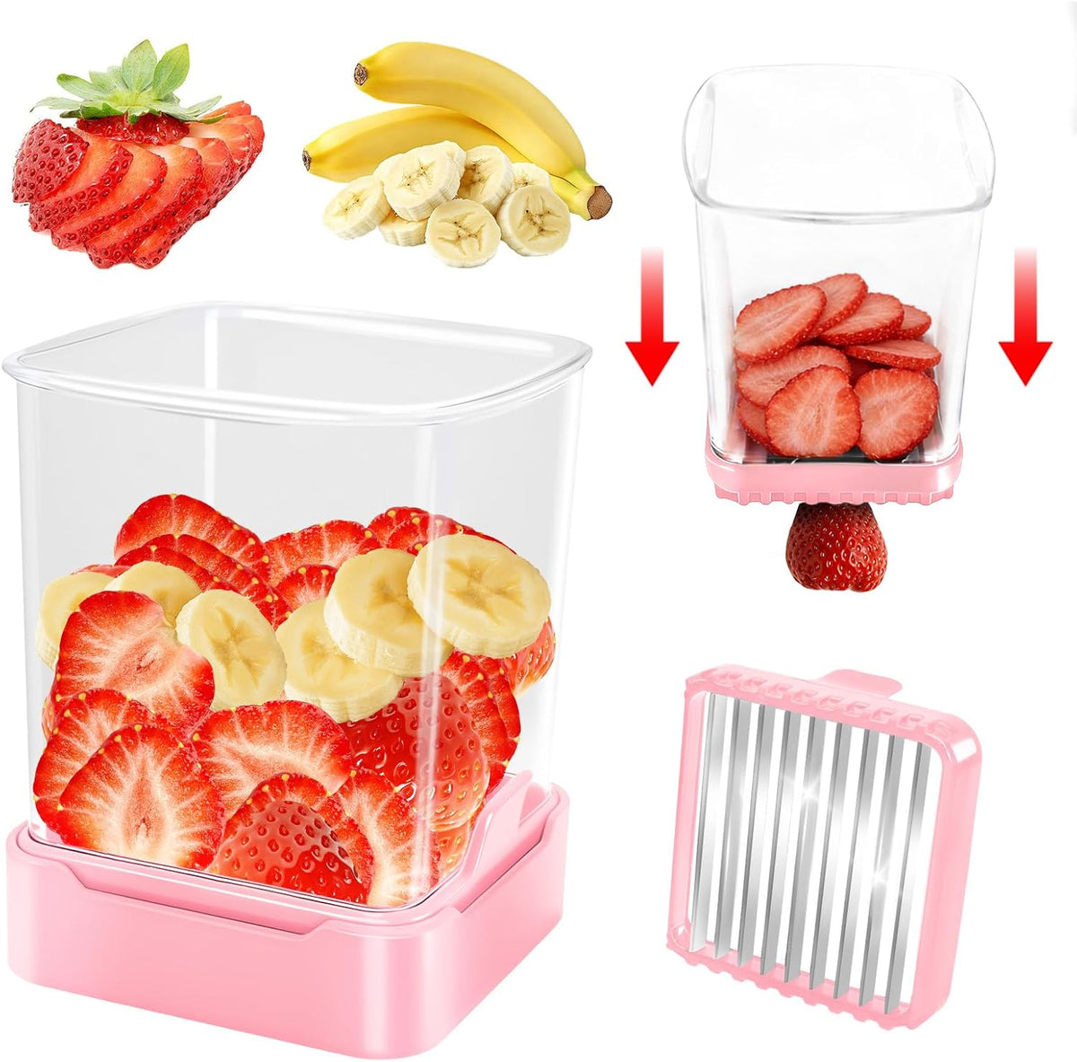 Strawberry Slicer Cup, Fruit Cutter – Quick-Slice, Meal Prep, Pink