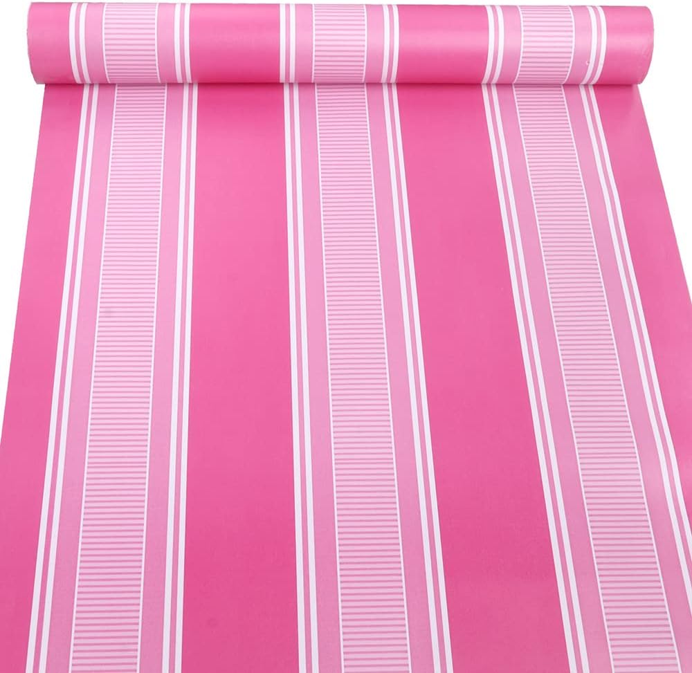 Self Adhesive Vinyl Rose and Pink Stripe Peel and Stick Wallpaper Shelf Liner for Walls Nursery Girls Bedroom Cabinets Dresser Drawer Furniture Decal Removable Waterproof 17.7x117 Inches