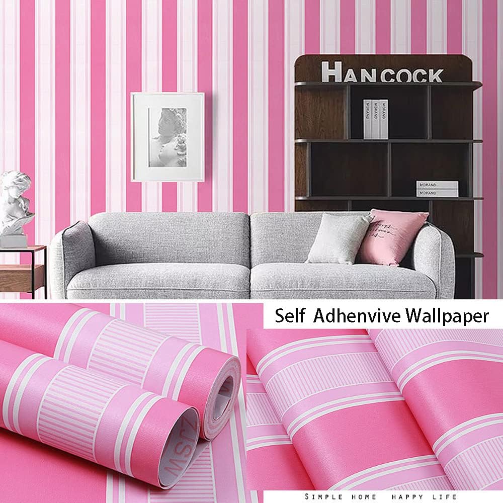 Self Adhesive Vinyl Rose and Pink Stripe Peel and Stick Wallpaper Shelf Liner for Walls Nursery Girls Bedroom Cabinets Dresser Drawer Furniture Decal Removable Waterproof 17.7x117 Inches