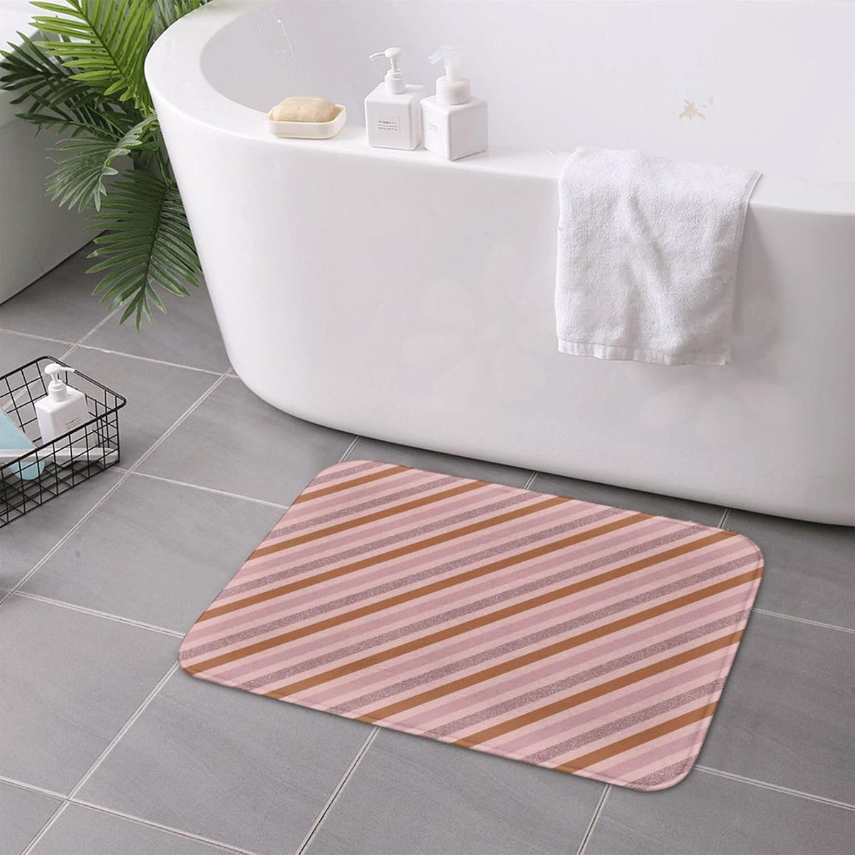 Pink Diagonal Stripe Print Bathroom Rugs 16x24 Inches, Non-Slip Absorbent Bath Mat Rugs, Machine Washable Bath Mats Shower Rug for Bathroom