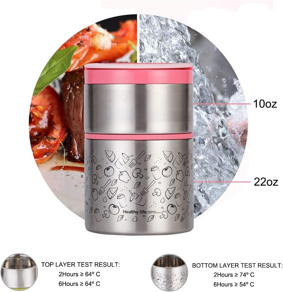 2 Tier Vacuum Insulated Stainless Steel Thermal Lunch Box,32OZ