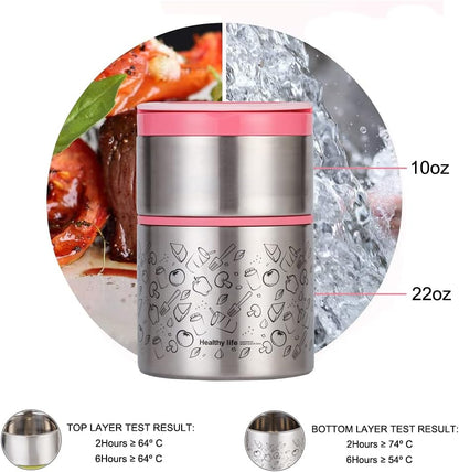 2 Tier Vacuum Insulated Stainless Steel Thermal Lunch Box,32OZ
