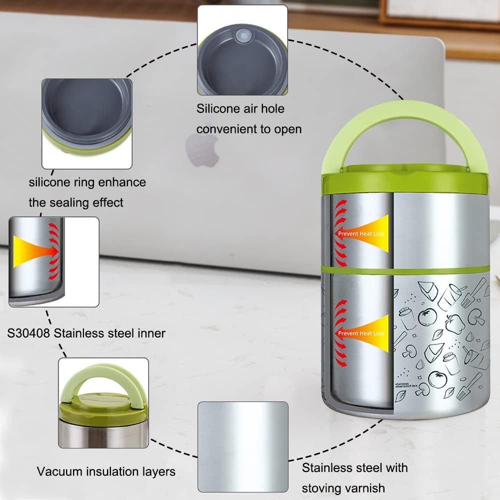 2 Tier Vacuum Insulated Stainless Steel Thermal Lunch Box,32OZ