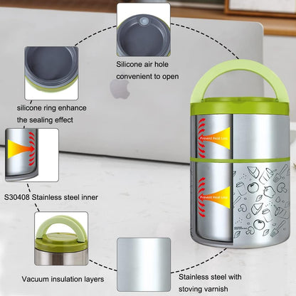2 Tier Vacuum Insulated Stainless Steel Thermal Lunch Box,32OZ