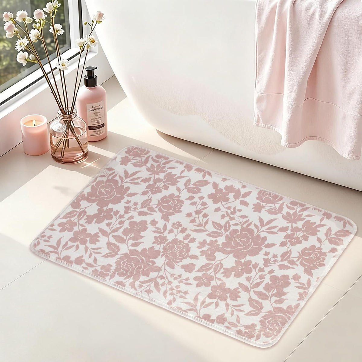 Pink Floral Mat for Bathroom Non Slip, Mauve Rose Fluffy Absorbent Microfiber Bath mat Washable, Aesthetic Bathroom Rugs, Cute Bath mat for Shower Sink, 20" x 30"