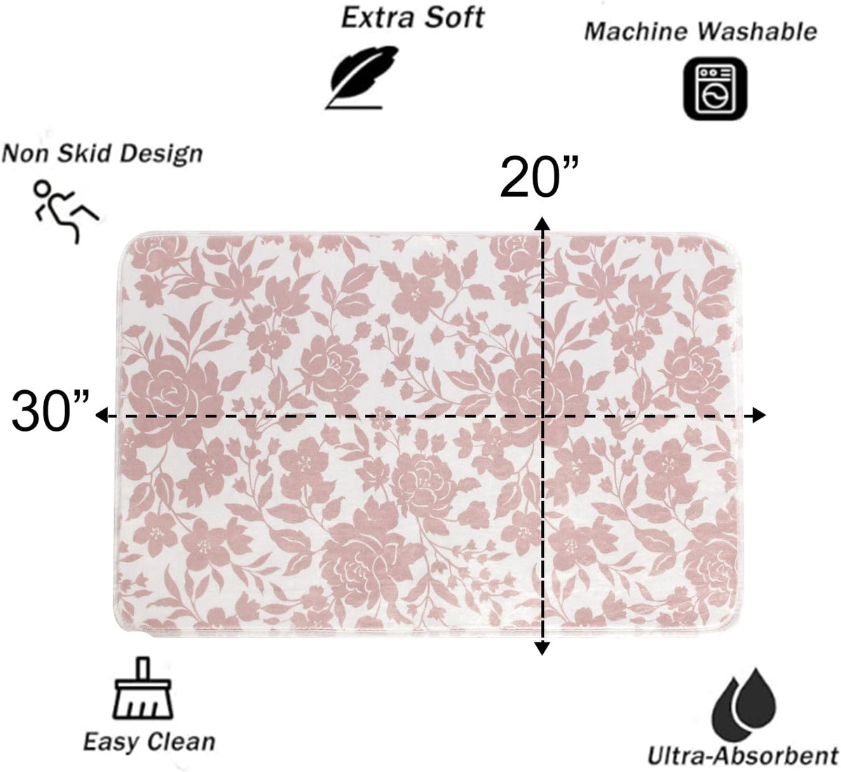 Pink Floral Mat for Bathroom Non Slip, Mauve Rose Fluffy Absorbent Microfiber Bath mat Washable, Aesthetic Bathroom Rugs, Cute Bath mat for Shower Sink, 20" x 30"