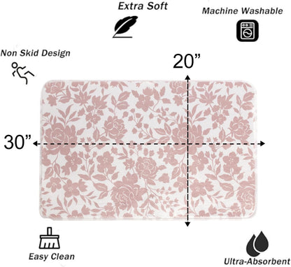 Pink Floral Mat for Bathroom Non Slip, Mauve Rose Fluffy Absorbent Microfiber Bath mat Washable, Aesthetic Bathroom Rugs, Cute Bath mat for Shower Sink, 20" x 30"