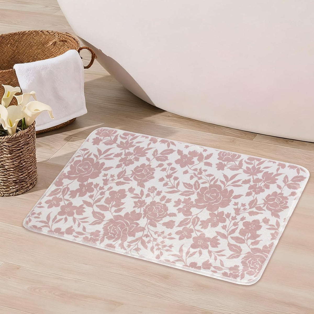 Pink Floral Mat for Bathroom Non Slip, Mauve Rose Fluffy Absorbent Microfiber Bath mat Washable, Aesthetic Bathroom Rugs, Cute Bath mat for Shower Sink, 20" x 30"