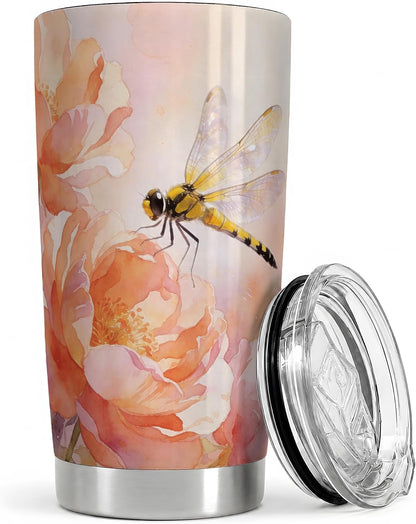 Dragonfly Peach Floral 20oz Tumbler, Dragonfly Tumbler, Drinkware for Office Travel, Yellow Insect With Translucent Wings Near Orange Flowers, Watercolor Nature Cup, Nature Lovers