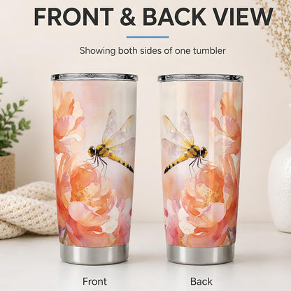 Dragonfly Peach Floral 20oz Tumbler, Dragonfly Tumbler, Drinkware for Office Travel, Yellow Insect With Translucent Wings Near Orange Flowers, Watercolor Nature Cup, Nature Lovers