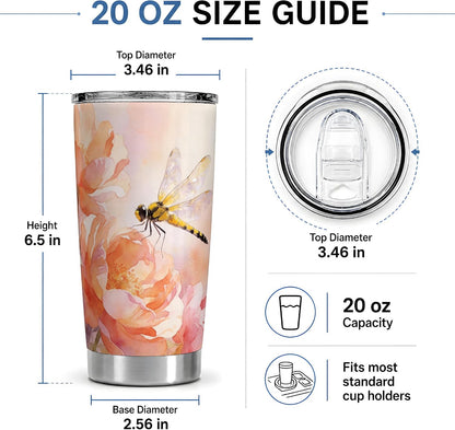 Dragonfly Peach Floral 20oz Tumbler, Dragonfly Tumbler, Drinkware for Office Travel, Yellow Insect With Translucent Wings Near Orange Flowers, Watercolor Nature Cup, Nature Lovers