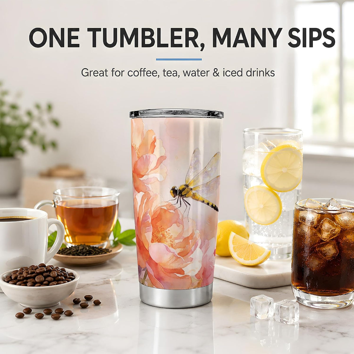 Dragonfly Peach Floral 20oz Tumbler, Dragonfly Tumbler, Drinkware for Office Travel, Yellow Insect With Translucent Wings Near Orange Flowers, Watercolor Nature Cup, Nature Lovers