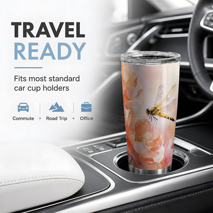 Dragonfly Peach Floral 20oz Tumbler, Dragonfly Tumbler, Drinkware for Office Travel, Yellow Insect With Translucent Wings Near Orange Flowers, Watercolor Nature Cup, Nature Lovers