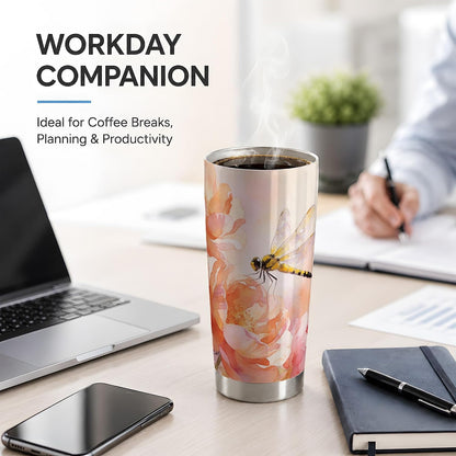 Dragonfly Peach Floral 20oz Tumbler, Dragonfly Tumbler, Drinkware for Office Travel, Yellow Insect With Translucent Wings Near Orange Flowers, Watercolor Nature Cup, Nature Lovers