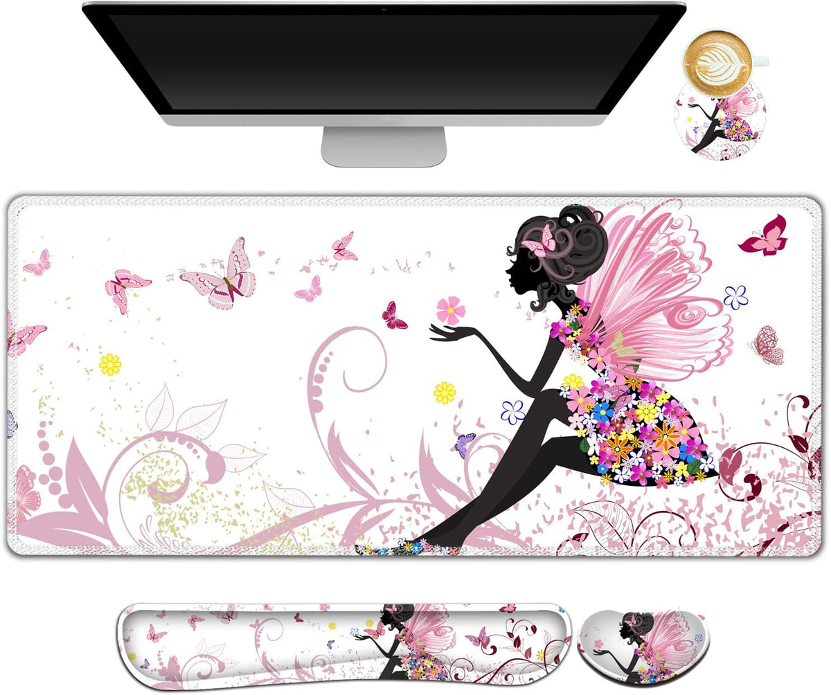 Extended Gaming Mouse Pad Set, Keyboard Wrist Rest Support Pad + Wrist Cushion + XXL Large Mouse Pad + Coaster, Stitched Edge, Non-Slip, Memory Foam Desk Mat, Pink Butterfly Girl