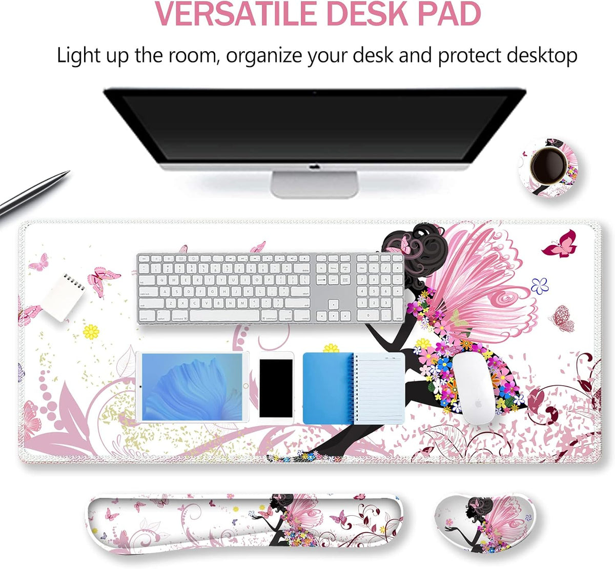 Extended Gaming Mouse Pad Set, Keyboard Wrist Rest Support Pad + Wrist Cushion + XXL Large Mouse Pad + Coaster, Stitched Edge, Non-Slip, Memory Foam Desk Mat, Pink Butterfly Girl