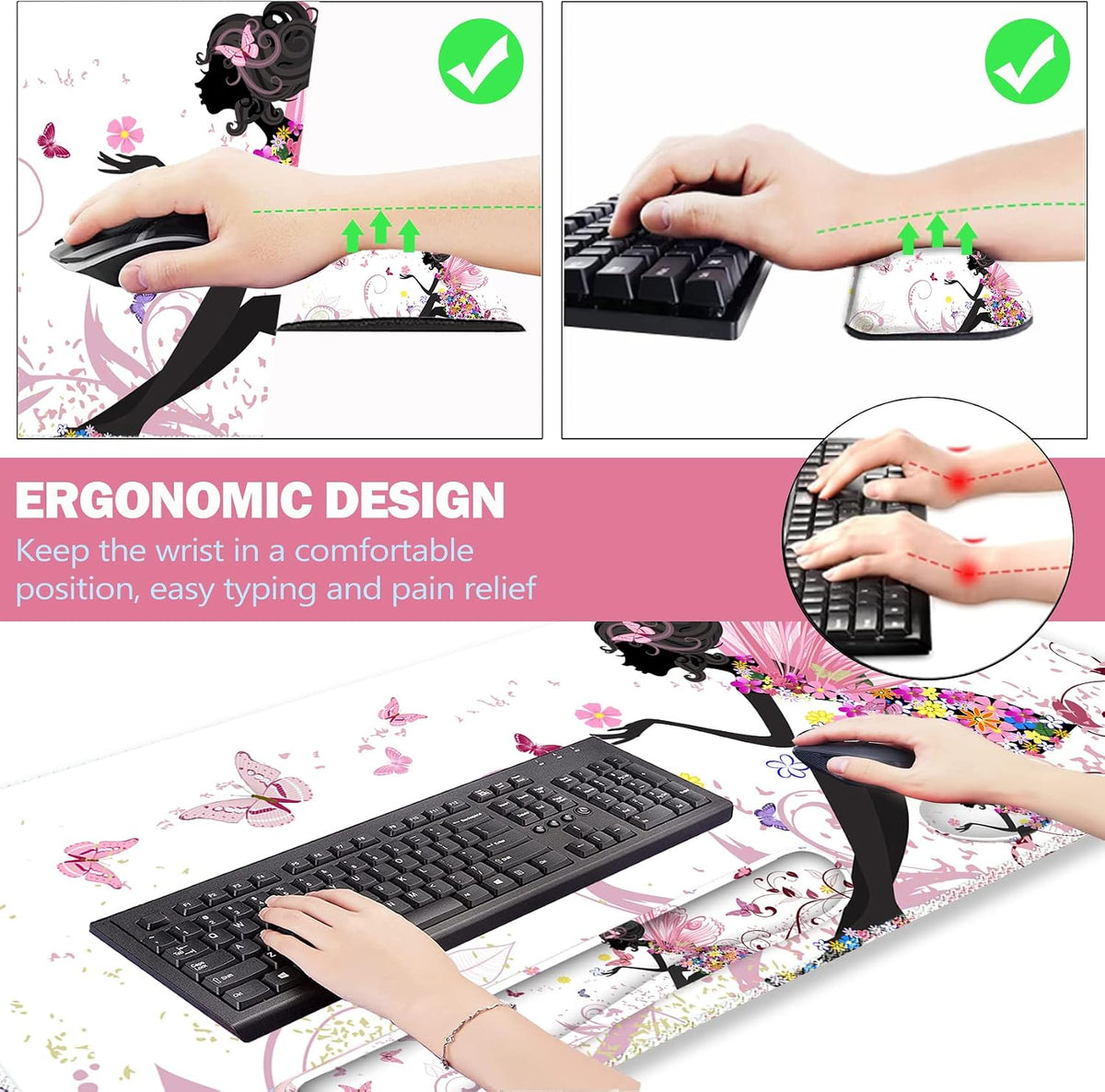 Extended Gaming Mouse Pad Set, Keyboard Wrist Rest Support Pad + Wrist Cushion + XXL Large Mouse Pad + Coaster, Stitched Edge, Non-Slip, Memory Foam Desk Mat, Pink Butterfly Girl