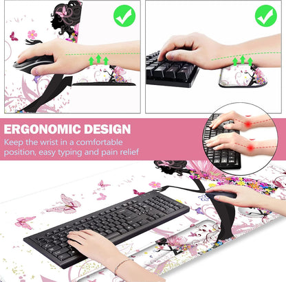 Extended Gaming Mouse Pad Set, Keyboard Wrist Rest Support Pad + Wrist Cushion + XXL Large Mouse Pad + Coaster, Stitched Edge, Non-Slip, Memory Foam Desk Mat, Pink Butterfly Girl