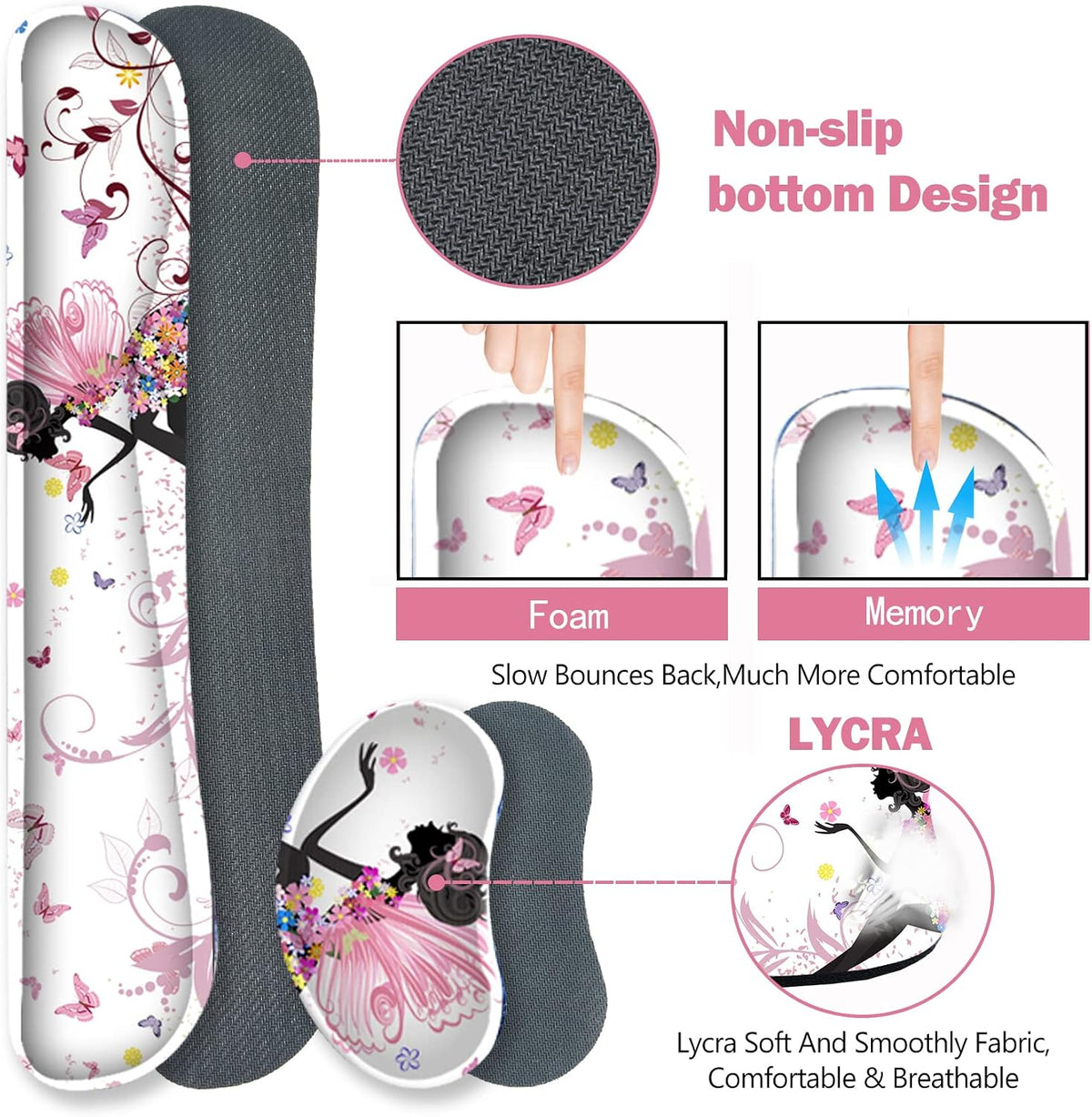 Extended Gaming Mouse Pad Set, Keyboard Wrist Rest Support Pad + Wrist Cushion + XXL Large Mouse Pad + Coaster, Stitched Edge, Non-Slip, Memory Foam Desk Mat, Pink Butterfly Girl