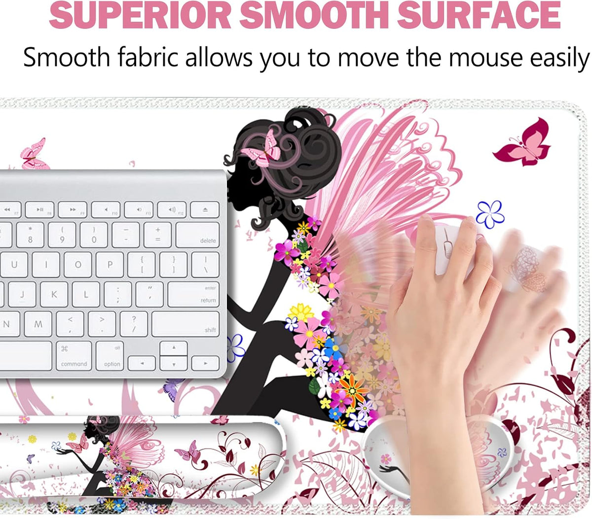 Extended Gaming Mouse Pad Set, Keyboard Wrist Rest Support Pad + Wrist Cushion + XXL Large Mouse Pad + Coaster, Stitched Edge, Non-Slip, Memory Foam Desk Mat, Pink Butterfly Girl