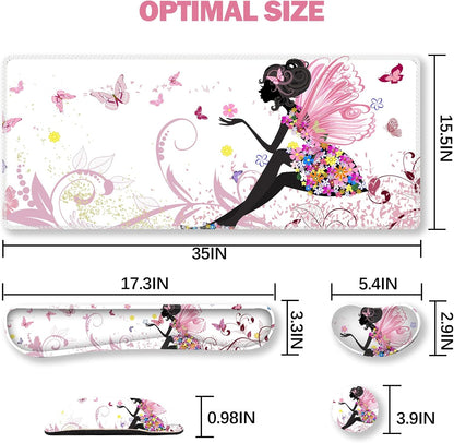 Extended Gaming Mouse Pad Set, Keyboard Wrist Rest Support Pad + Wrist Cushion + XXL Large Mouse Pad + Coaster, Stitched Edge, Non-Slip, Memory Foam Desk Mat, Pink Butterfly Girl