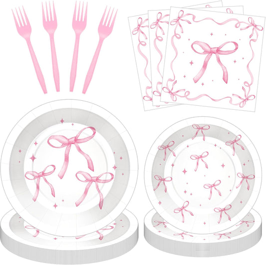 100 Pcs Pink Ribbon Bow Party Supplies Set, Serves 25 – Disposable Paper Plates, Napkins, and Plastic Forks, Coquette-Inspired Bow-Themed Tableware for Birthday, Bridal Shower, Wedding Decorations