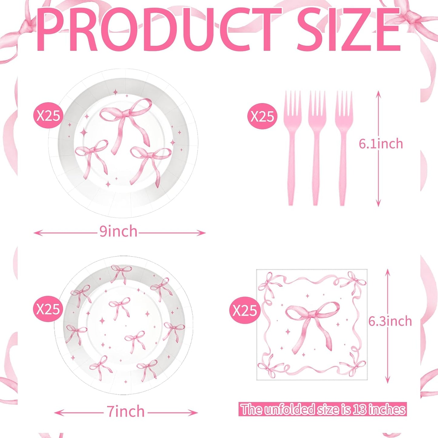 100 Pcs Pink Ribbon Bow Party Supplies Set, Serves 25 – Disposable Paper Plates, Napkins, and Plastic Forks, Coquette-Inspired Bow-Themed Tableware for Birthday, Bridal Shower, Wedding Decorations