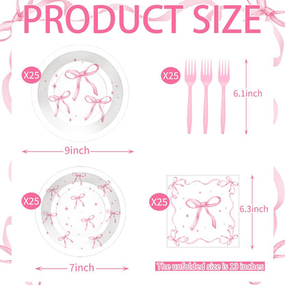 100 Pcs Pink Ribbon Bow Party Supplies Set, Serves 25 – Disposable Paper Plates, Napkins, and Plastic Forks, Coquette-Inspired Bow-Themed Tableware for Birthday, Bridal Shower, Wedding Decorations