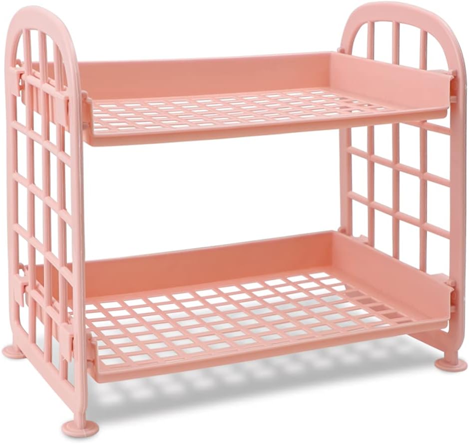 Desktop Rack Cosmetic Stationery Storage Holder, 2-Tier Multifunctional Plastic Shelf Makeup Organizer for Skincare Office Kitchen Bedroom Bathroom Home (Pink)
