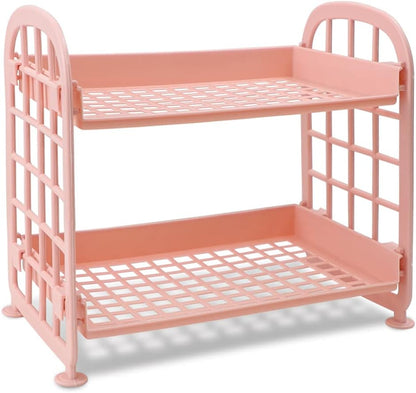 Desktop Rack Cosmetic Stationery Storage Holder, 2-Tier Multifunctional Plastic Shelf Makeup Organizer for Skincare Office Kitchen Bedroom Bathroom Home (Pink)