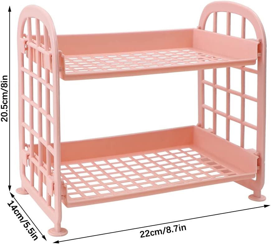 Desktop Rack Cosmetic Stationery Storage Holder, 2-Tier Multifunctional Plastic Shelf Makeup Organizer for Skincare Office Kitchen Bedroom Bathroom Home (Pink)