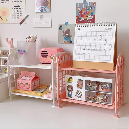 Desktop Rack Cosmetic Stationery Storage Holder, 2-Tier Multifunctional Plastic Shelf Makeup Organizer for Skincare Office Kitchen Bedroom Bathroom Home (Pink)