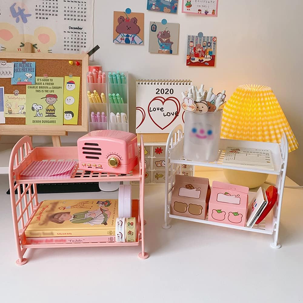Desktop Rack Cosmetic Stationery Storage Holder, 2-Tier Multifunctional Plastic Shelf Makeup Organizer for Skincare Office Kitchen Bedroom Bathroom Home (Pink)