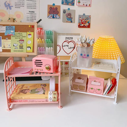 Desktop Rack Cosmetic Stationery Storage Holder, 2-Tier Multifunctional Plastic Shelf Makeup Organizer for Skincare Office Kitchen Bedroom Bathroom Home (Pink)