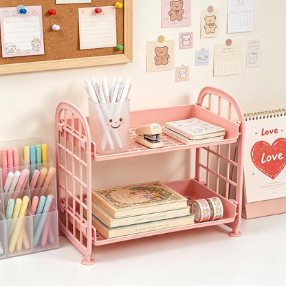 Desktop Rack Cosmetic Stationery Storage Holder, 2-Tier Multifunctional Plastic Shelf Makeup Organizer for Skincare Office Kitchen Bedroom Bathroom Home (Pink)