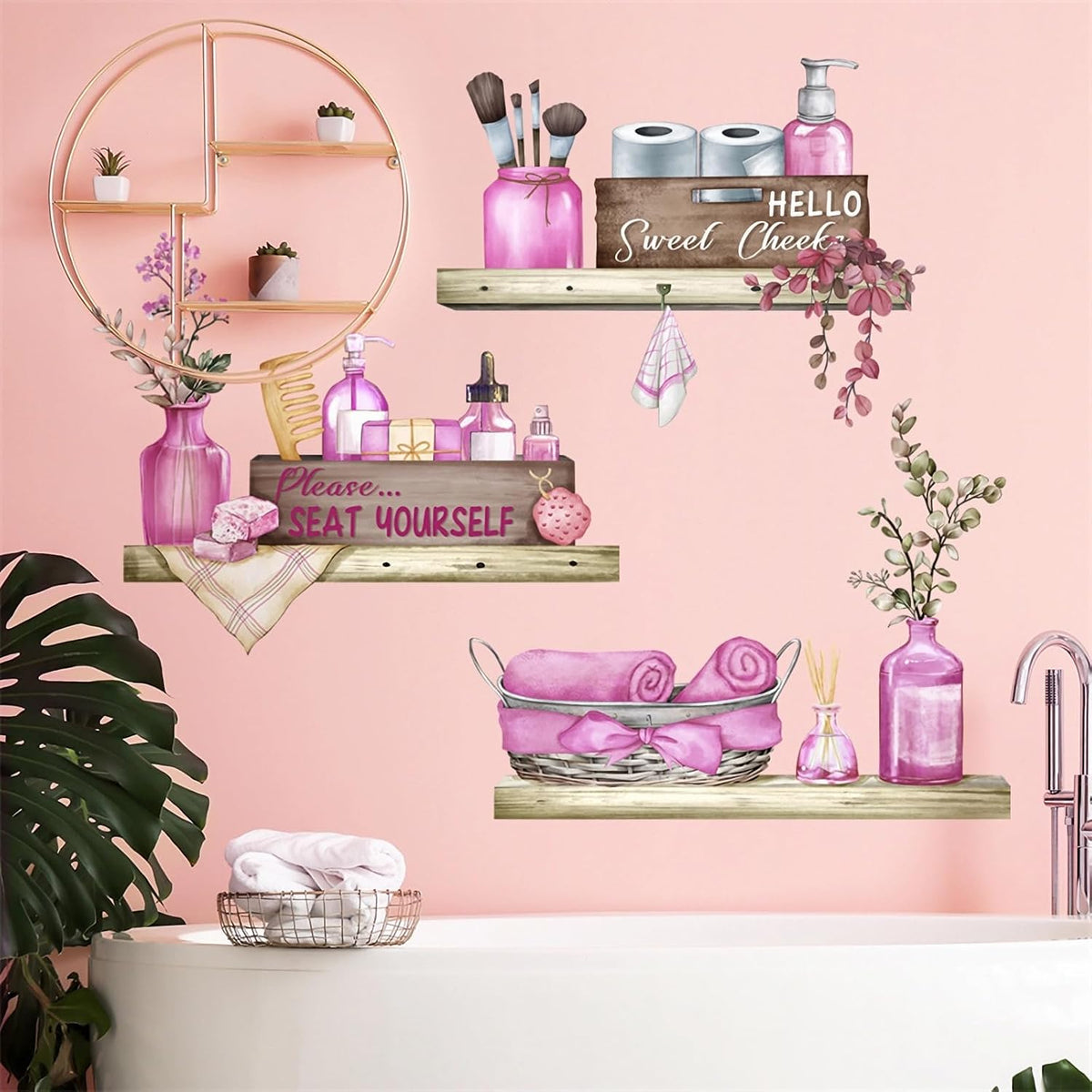 Pink Towel Shelf Wall Stickers Cosmetic Brush Organizer Wall Decal
