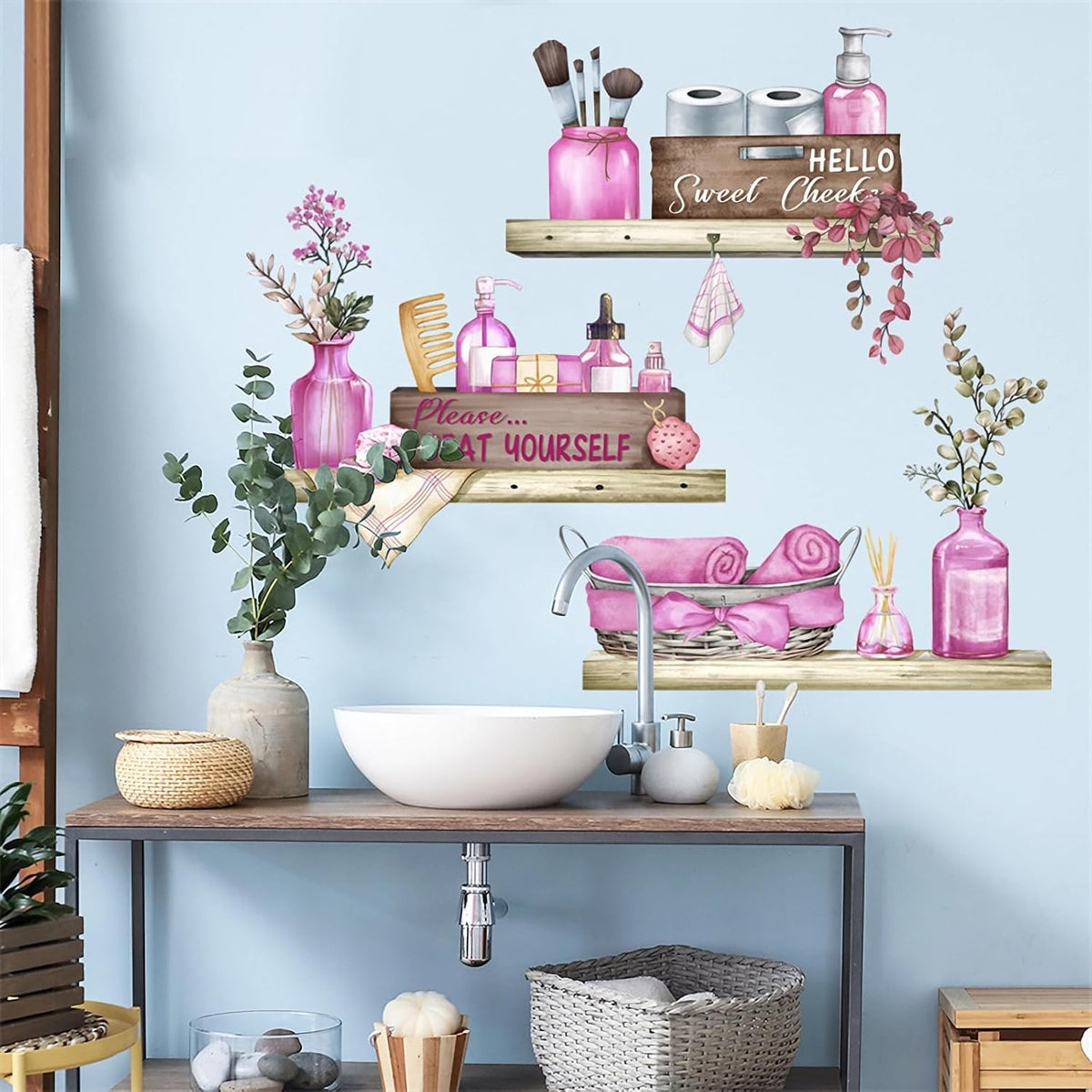 Pink Towel Shelf Wall Stickers Cosmetic Brush Organizer Wall Decal