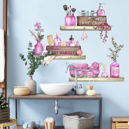 Pink Towel Shelf Wall Stickers Cosmetic Brush Organizer Wall Decal
