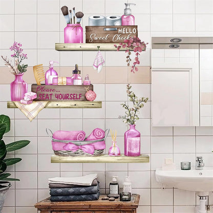 Pink Towel Shelf Wall Stickers Cosmetic Brush Organizer Wall Decal
