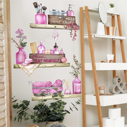 Pink Towel Shelf Wall Stickers Cosmetic Brush Organizer Wall Decal