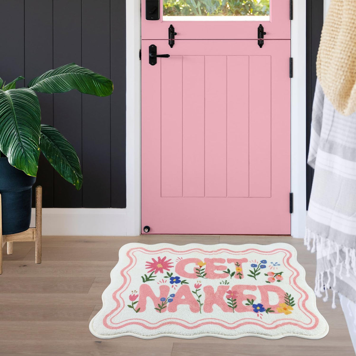 SHIYUE Cute Get Naked Flower Bath Mat，Ultra Soft and Fluffy Microfiber Water Absorption Non Slip Mat for Bedroom Kitchen Bathroom Rug(18"×26" Pink)