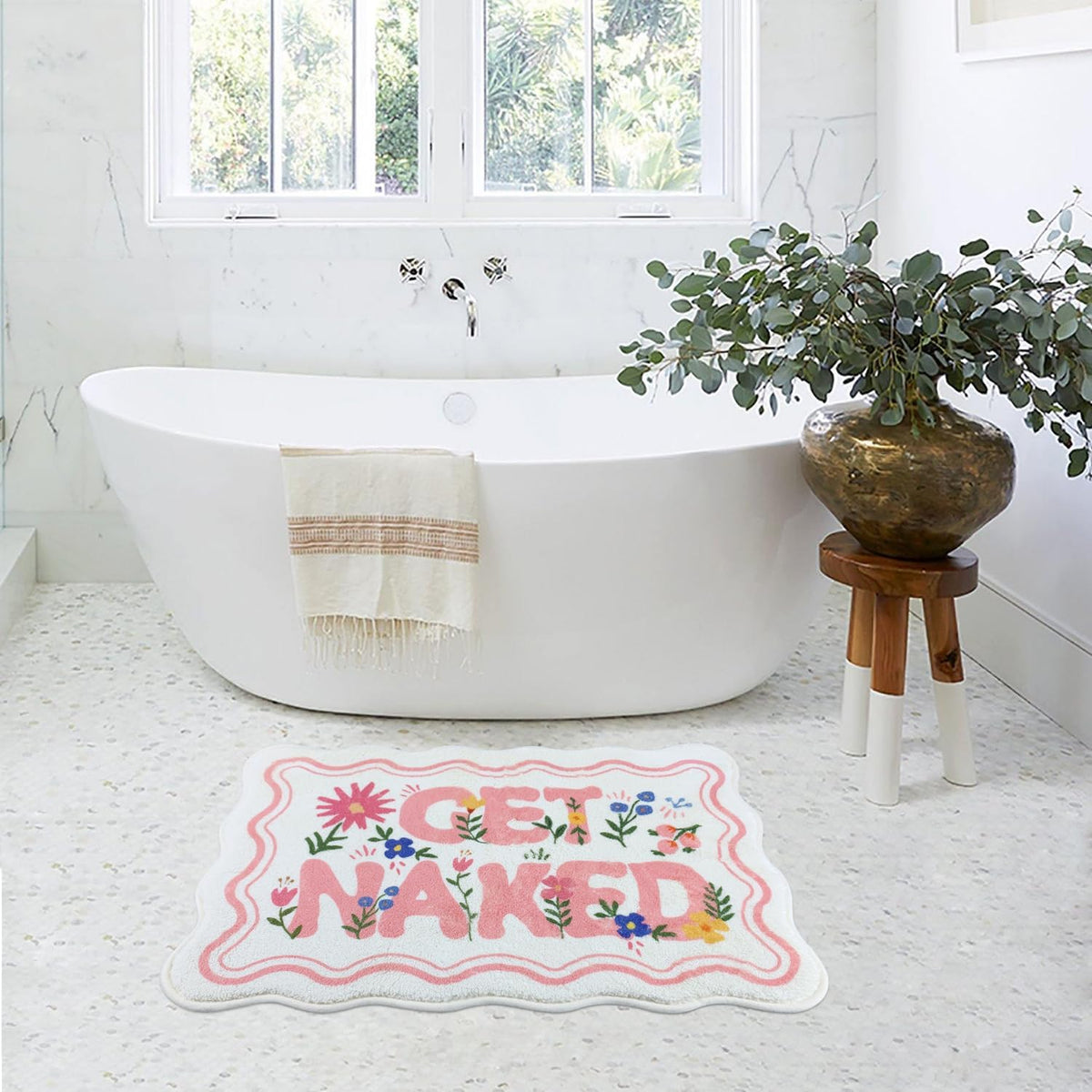 SHIYUE Cute Get Naked Flower Bath Mat，Ultra Soft and Fluffy Microfiber Water Absorption Non Slip Mat for Bedroom Kitchen Bathroom Rug(18"×26" Pink)