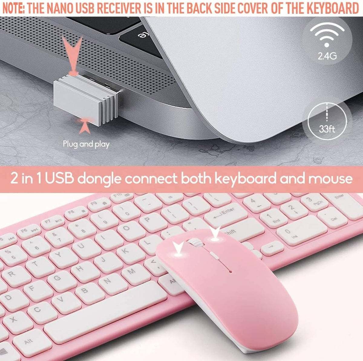 Wireless Keyboard and Mouse Combo, Compact Quiet Wireless Keyboard and Mouse Set 2.4G Ultra-Thin Sleek Design for Windows, Computer, Desktop, PC, Notebook, Laptop (Pink)